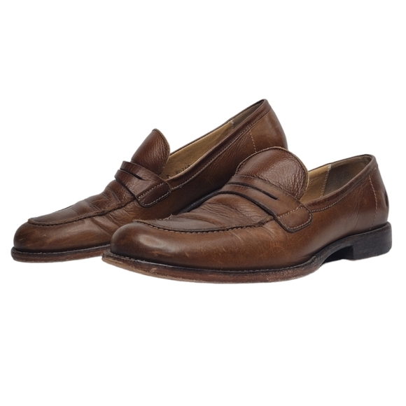 Frye John A. Men's Brown Leather Round Toe Office Slip On Penny Loafers Size 10 - Picture 1 of 16